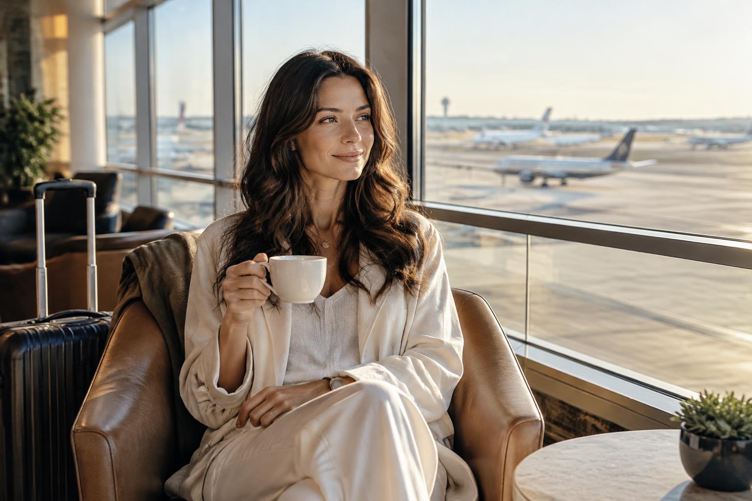 A relaxed traveler enjoying coffee beside a sunlit airport window