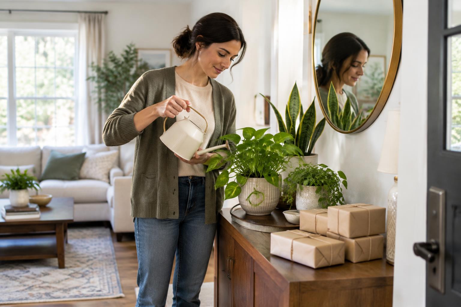 A home caretaker watering plants beside delivered parcels