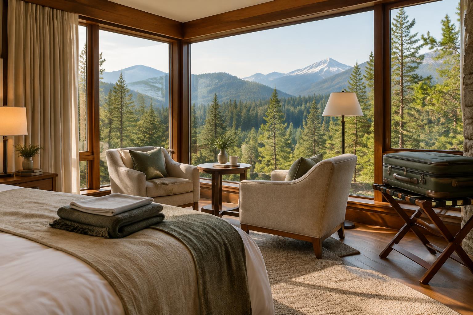 A restful mountain lodge room overlooking the forest